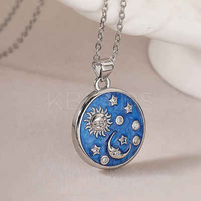 Brass Micro Pave Clear Cubic Zirconia with Blue Enamel Flat Round Pendant Necklaces NJEW-Z088-03P-01-1