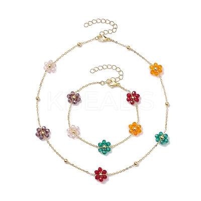 Glass Flower Links Bracelets & Necklaces Sets SJEW-JS01296-1