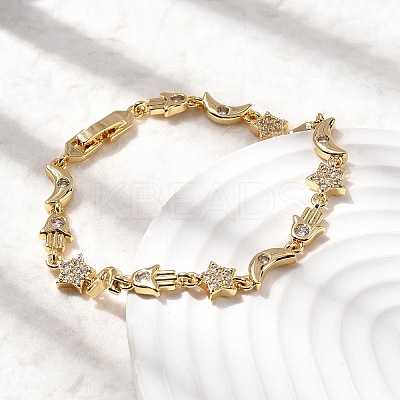 Moon & Star & Hamsa Hand Brass Micro Pave Clear Cubic Zirconia Link Chain Bracelets BJEW-C130-03G-1