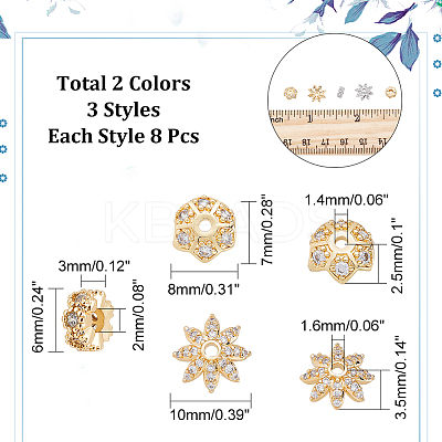 24Pcs 6 Styles Brass Clear Cubic Zirconia Spacer Beads KK-CA0003-63-1