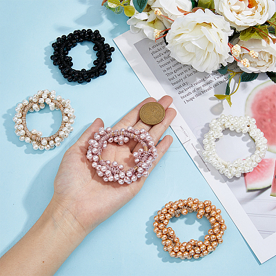 5Pcs 5 Colors Elastic Rubber Bands & Plastic Imitation Pearl Beaded Hair Ties for Ponytail Holders OHAR-DC0001-03-1