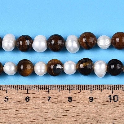Natural Tiger Eye Round & Natural Cultured Freshwater Pearl Grooved Potato Beads Strands PEAR-N019-10-1