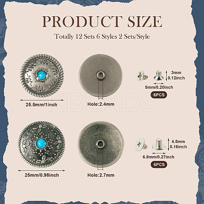 12 Sets 6 Style Flat Round Alloy Coin Screwback Rivets FIND-TA0004-02-1