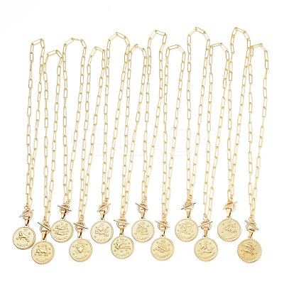 Flat Round with 12 Constellation/Zodiac Sign Pendant Necklaces Sets NJEW-JN03126-1