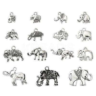 30Pcs 15 Styles Tibetan Style Alloy Elephant Pendants TIBEP-YW0001-83-1