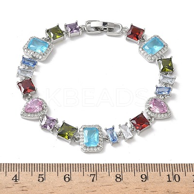 Brass Micro Pave Colorful Cubic Zirconia Rectangle & Square & Teardrop Link Chain Bracelets for Women BJEW-G764-07P-1