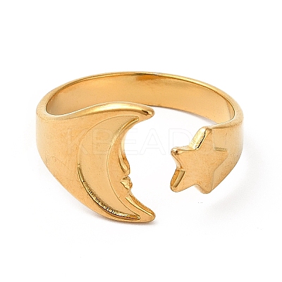 Ion Plating(IP) 304 Stainless Steel Star & Moon Open Cuff Ring for Women RJEW-E063-07G-1
