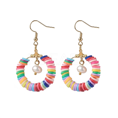 Handmade Polymer Clay Heishi Beaded Ring Dangle Earring EJEW-JE05078-1