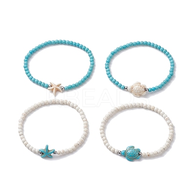 4Pcs 4 Style Dyed Synthetic Turquoise Starfish & Turtle Beaded Stretch Bracelets Set for Women BJEW-JB09338-1
