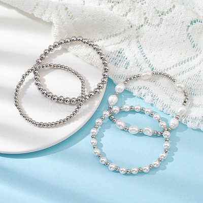 4Pcs 4 Style Natural Pearl & Brass Beaded Stretch Bracelets Set for Women BJEW-JB09662-02-1