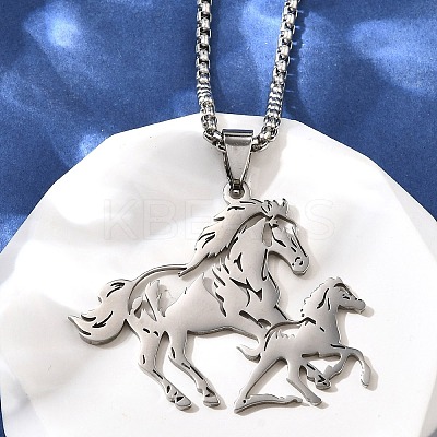 201 Stainless Steel Laser Cut Double Horse Pendant Box Chain Necklaces for Women Men NJEW-E156-03P-1