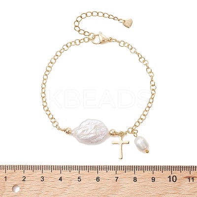 201 Stainless Steel & Natural Cultured Freshwater Pearl Charm Bracelets BJEW-JB13659-1