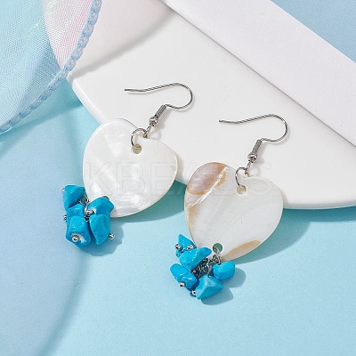 Natural Shell Heart with Synthetic Turquoise Chips Dangle Earrings EJEW-JE05482-1