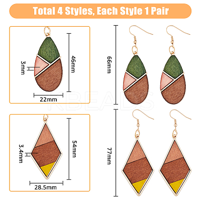 4 Pairs 4 Colors Natural Wood Teardrop & Rhombus Dangle Earrings EJEW-FI0001-46-1