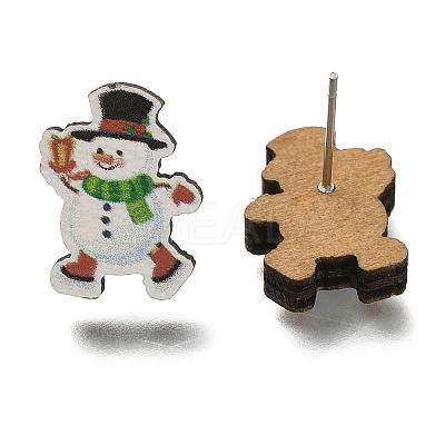 Christmas Printed Wood Stud Earrings for Women EJEW-U025-01C-1