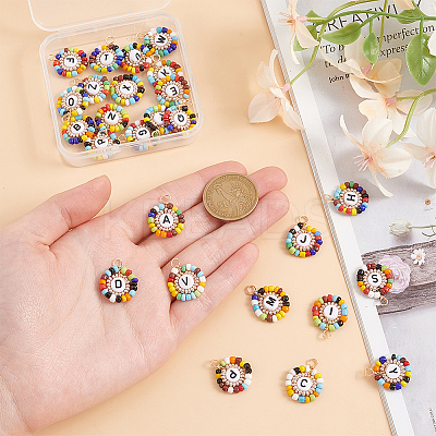 26Pcs 26 Styles Acrylic & Glass Seed Beaded Pendants PALLOY-GO00034-1