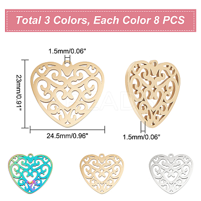 24Pcs 3 Colors 304 Stainless Steel Pendant STAS-DC0012-33-1