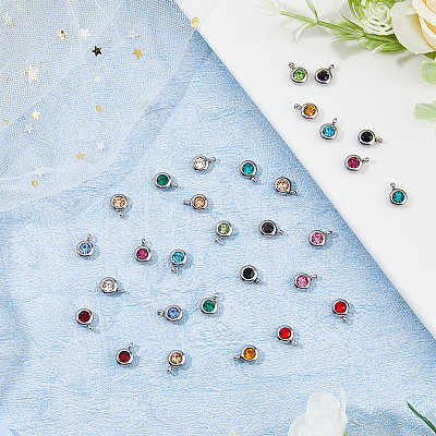 30Pcs 15 Colors Trendy Original Color 304 Stainless Steel Grade A Rhinestone Flat Round Charm Pendants RB-HY0001-04-1