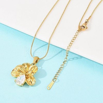 304 Stainless Steel Pave Clear Cubic Zirconia Flower Pendant Necklaces NJEW-H088-04G-1