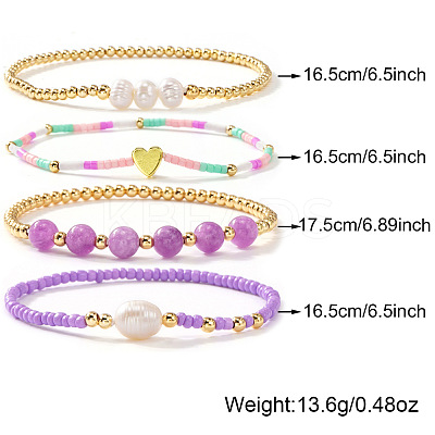 4Pcs 4 Styles Brass & Glass & Natural Freshwater Pearls & Amethyst Beads Stretch Bracelets for Women OA4246-1-1