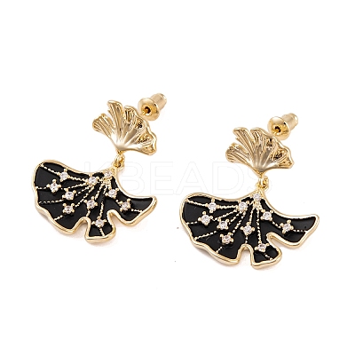 Ginkgo Leaf Brass Pave Clear Cubic Zirconia Stud Dangle Stud Earrings for Women EJEW-G391-10G-01-1
