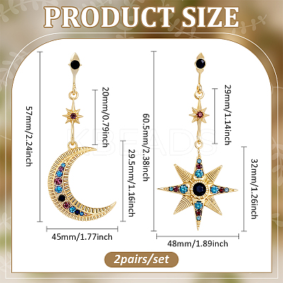 2 Pairs Colorful Rhinestone Moon & Star Dangle Stud Earrings EJEW-HY0001-33-1