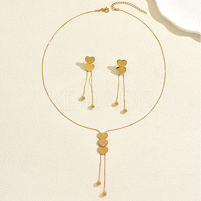 Elegant Stainless Steel Heart Pendant Lariat Necklace & Earrings Bracelet Set for Women Party Gift LF0816-1