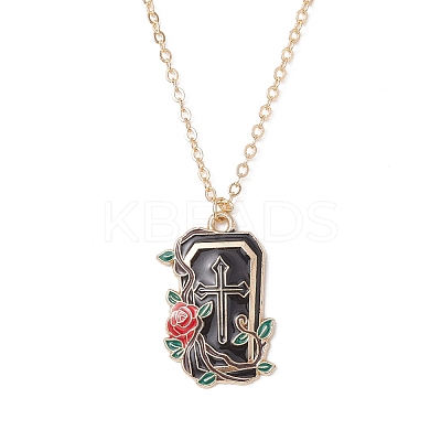 Halloween Alloy Black and Red Enamel Rose Cross Coffin Shaped Pendant Brass Cable Chain Necklaces NJEW-JN05367-1