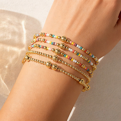 5Pcs 5 Styles Brass & Glass Beads Stretch Bracelets LM8545-1-1