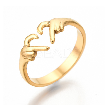 Ion Plating(IP) 304 Stainless Steel Hand Heart Cuff Rings RJEW-N038-121LG-1