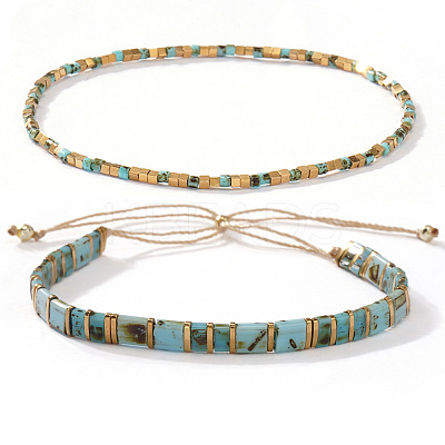 2Pcs 2 Styles Bohemian Glass Seed Bead Stretch & Slider Bracelet Set for Women VC8065-1-1