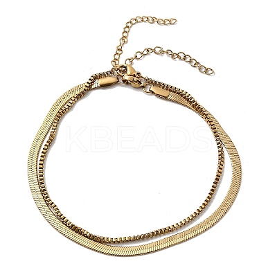 304 Stainless Steel Flat Snake Chain & Box Chain Double Layer Anklets for Women LS-AJEW-F069-02G-1