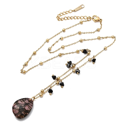 Natural Rhodonite Teardrop Pendant 304 Stainless Steel Satellite Chain Necklaces with Glass Beads NJEW-K255-57G-1