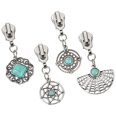16Pcs 4 Styles Alloy with Synthetic Turquoise Zipper Pulls HJEW-TAC0098-1