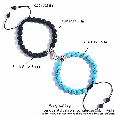2 Pcs Synthetic Black Stone & Blue Turquoise Couple Bracelets with Heart Magnetic Attraction EH4505-3-1