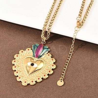 304 Stainless Steel Enamel Heart Pendant Wheat Chain Necklaces NJEW-P430-04A-G-1