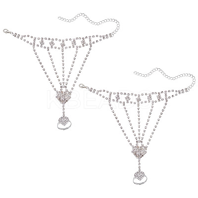 2Pcs Brass Rhinestone Chain Finger Rings Bracelet BJEW-ME0001-02-1