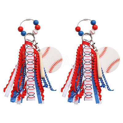 2Pcs Baseball Polyester & Wood & Zinc Alloy & Acrylic Pendant Keychains KEYC-CA0001-59-1