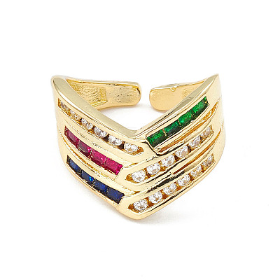 Colorful Cubic Zirconia Arrow Open Cuff Ring RJEW-P079-10G-1