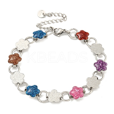 304 Stainless Steel Enamel Flower Link Chain Bracelets with Glitter Powder BJEW-S153-05P-03-1