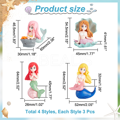 12Pcs 4 Styles Mermaid Resin Display Decorations DJEW-GA0001-45-1