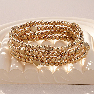 4Pcs Round and Heart Brass Beaded Stretch Bracelet Sets for Women Jewelry Accessories GV4770-1-1