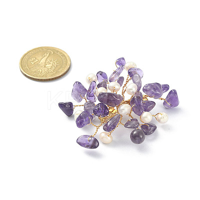 Natural Amethyst Chips & Pearl Beaded Flower Brooch Pin JEWB-BR00098-01-1