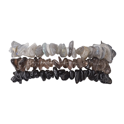 3Pcs Natural Smoky Quartz & Natural Obsidian & Natural Labradorite Chip Beaded Stretch Bracelet Sets BJEW-JB10860-1