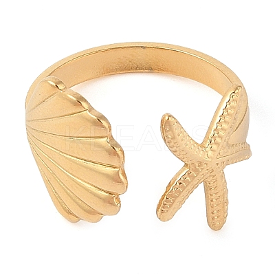Ion Plating(IP) 304 Stainless Steel Shell & Starfish Shape Open Cuff Rings for Women LS-RJEW-Z057-04G-1