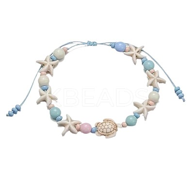 Bohemian Style Acrylic Starfish Turtle & Round Glass Beaded Braided Anklets for Women FS-WG26544-01-1