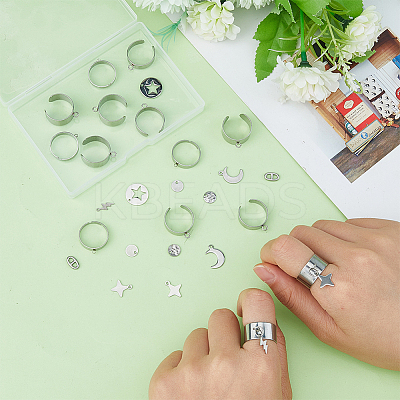 DIY Moon & Star & Lightning Stainless Steel Charms Cuff Ring Making Kit DIY-FI0001-01-1
