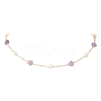 Natural Lepidolite Star & Natural Freshwater Pearl & Brass Link Chain Necklaces NJEW-JN05687-03-1