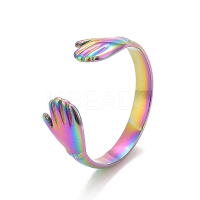 Ion Plating(IP) Rainbow Color 304 Stainless Steel Double Hand Hug Open Cuff Ring for Women RJEW-C025-08B-M-1