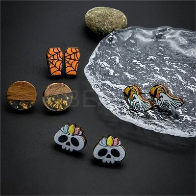 Halloween Tombstone Ghost Skull Wood Stud Earring Sets EJEW-OY002-01-1